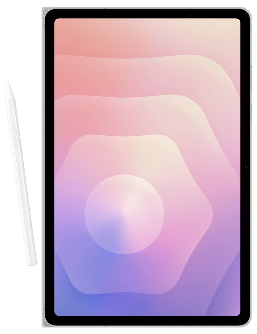Tablet s gradientním spirálovým designem na obrazovce a stylusem položeným vedle něj.