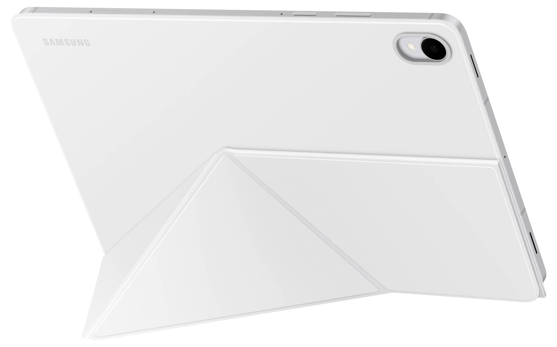 Bílý tablet s elegantním krytem je nakloněn otevřený, přičemž předvádí svůj minimalistický design. Název značky je viditelný v horním rohu.