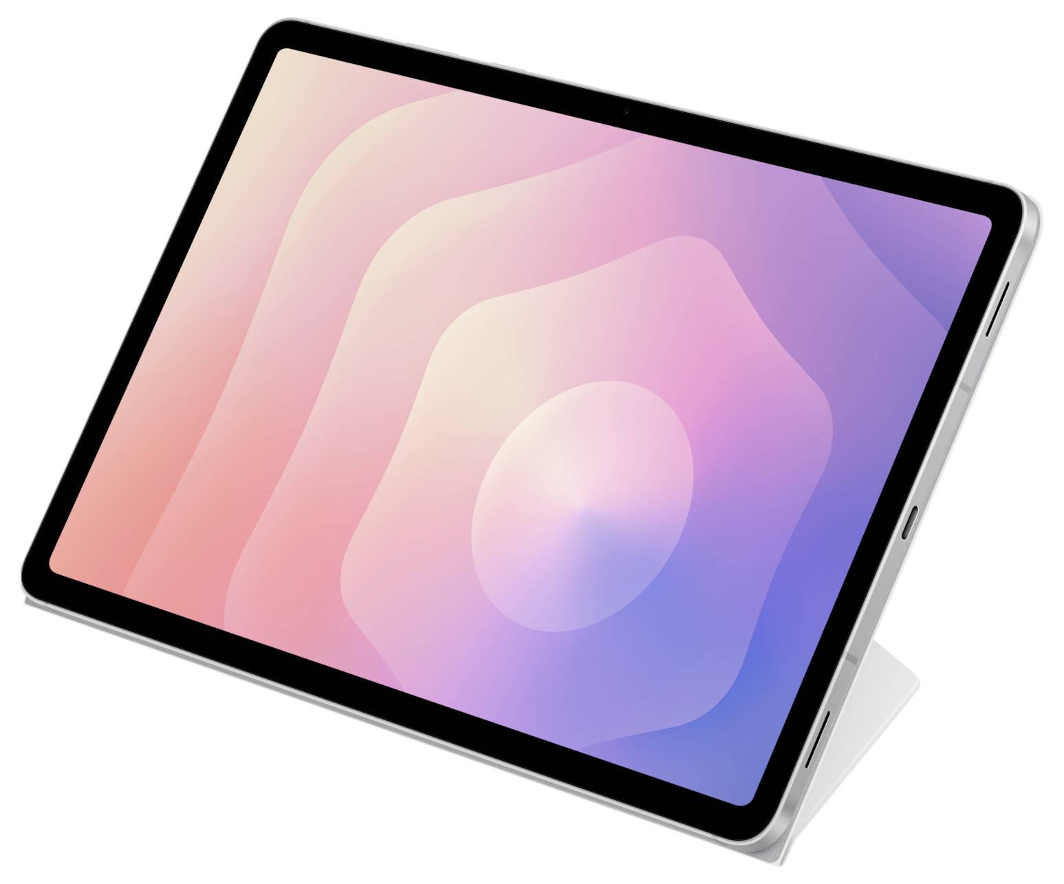 Štíhlý stříbrný tablet s tenkým rámečkem, který zobrazuje obrazovku s růžovo-fialovým přechodem, mírně nakloněný doprava na bílém stojanu.
