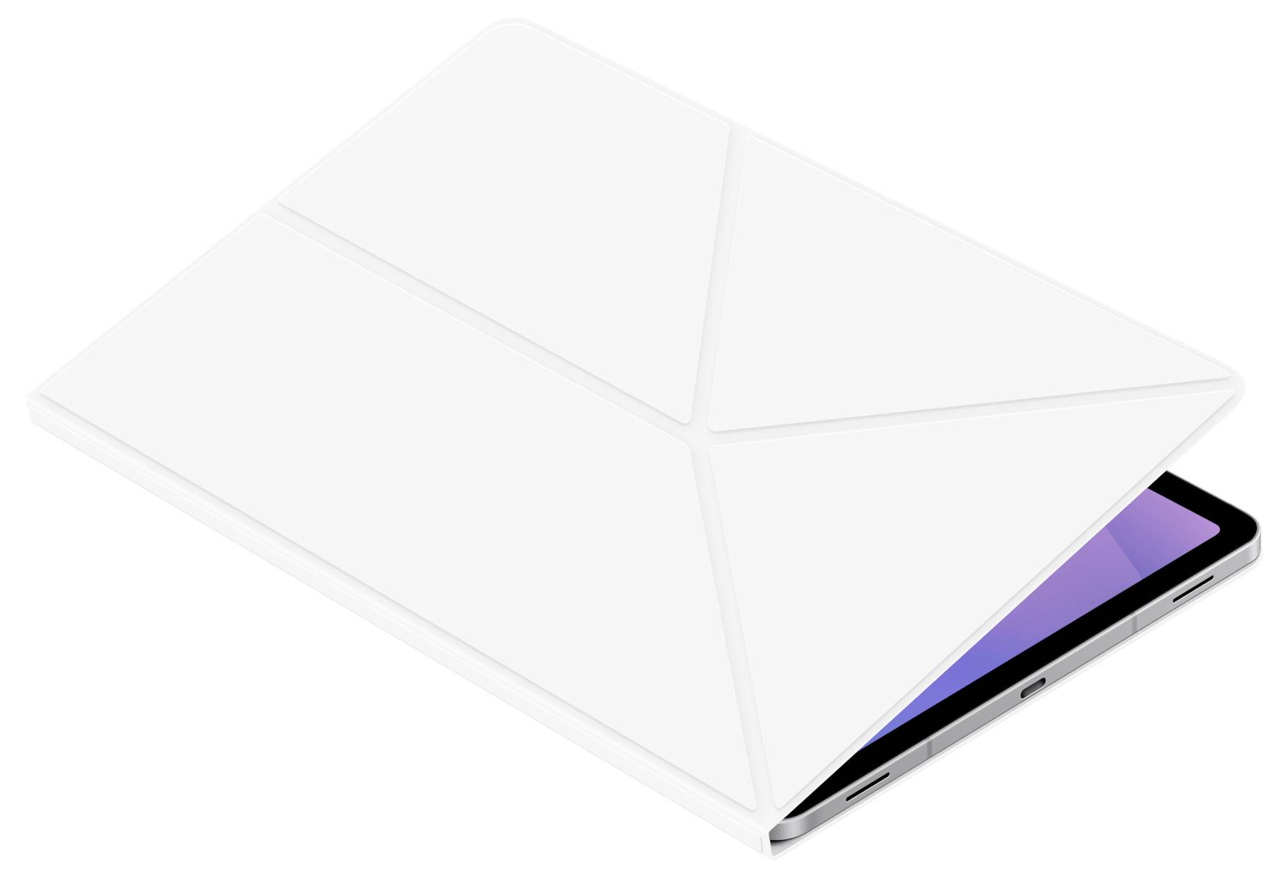 Tablet částečně zakrytý bílým skládacím krytem, který odhaluje fialovou obrazovku zařízení, umístěný v diagonálním úhlu.