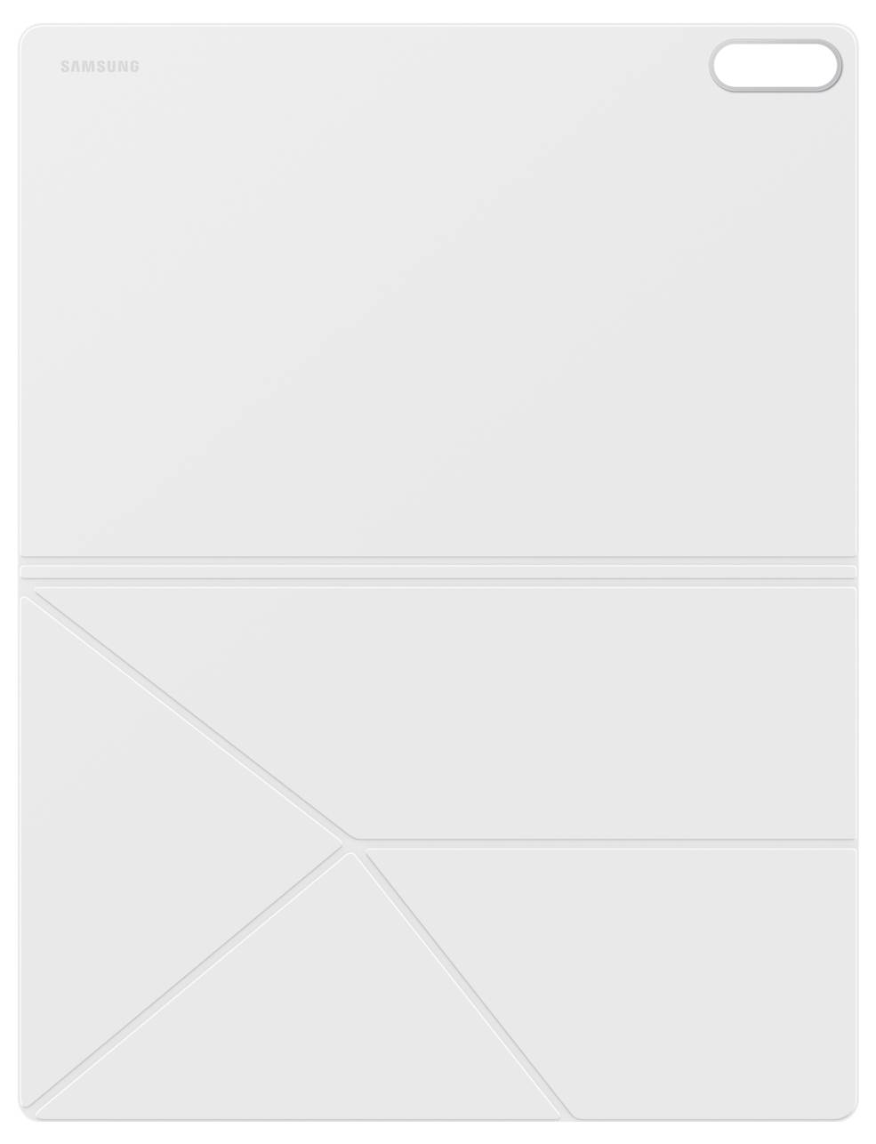 Bílý Samsung tablet s minimalistickým designem, zobrazující geometrické vzory a jemné logo v rohu.