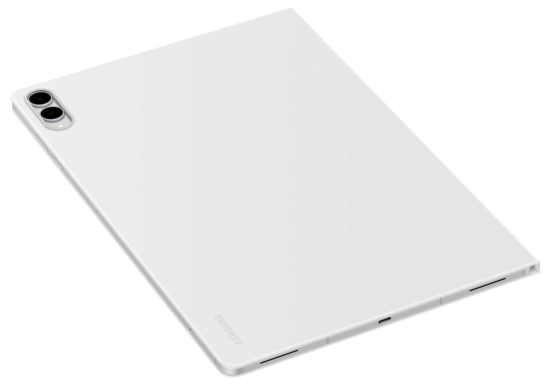 Tenký, bílý tablet s duálním zadním fotoaparátem v levém horním rohu, pohled zezadu. Logo Samsung je viditelné na povrchu.