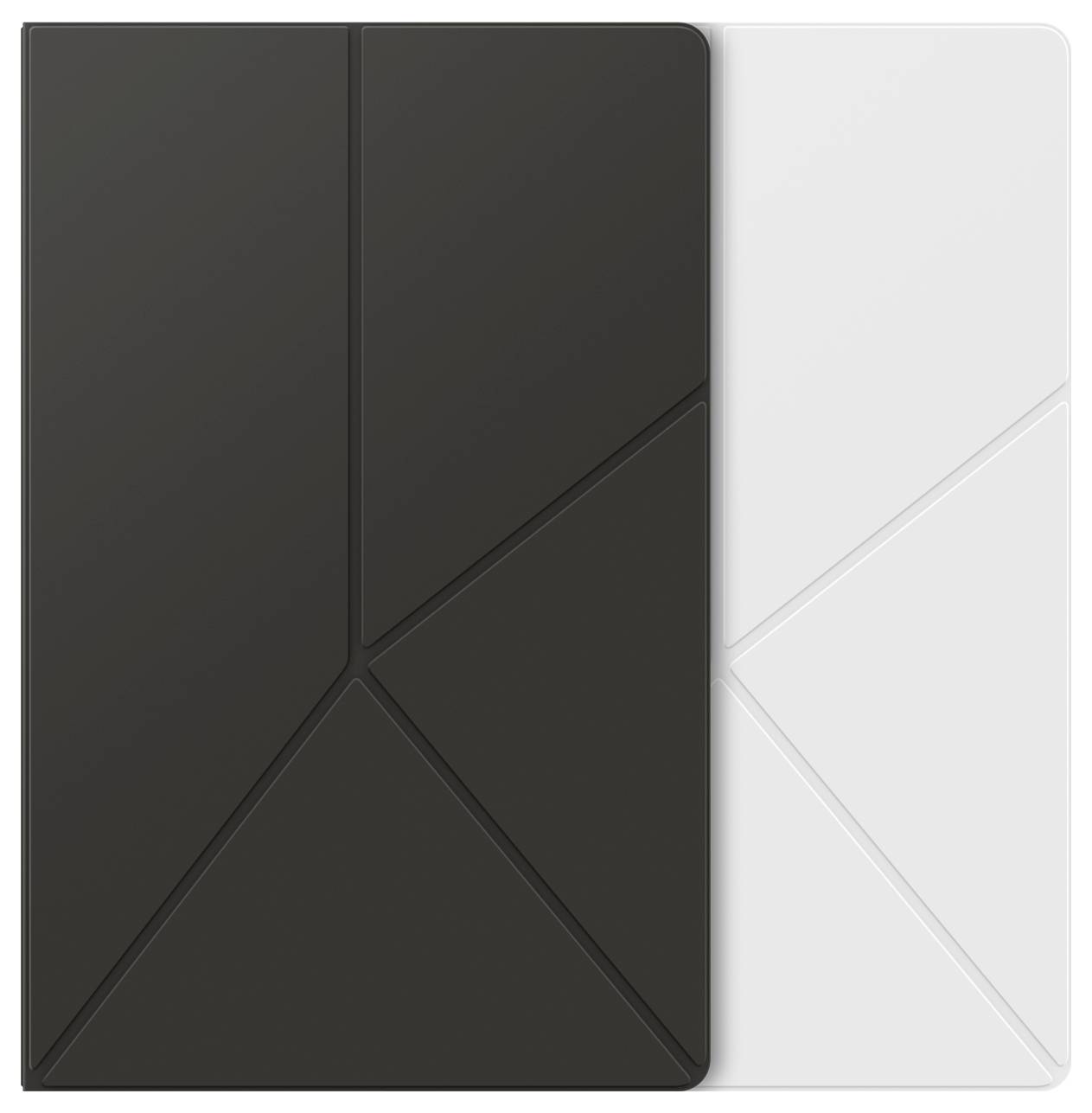 Černý a bílý obal na tablet s geometrickým designem, každý rozdělen do trojúhelníkových sekcí, se mírně překrývají a ukazují svou texturu a tvar.