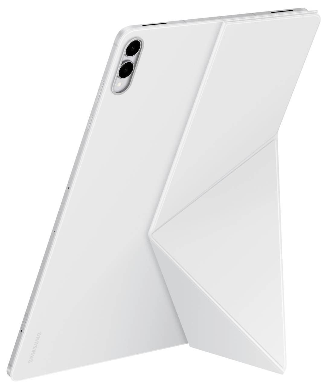 Bílý tablet s duálním zadním fotoaparátem a sklopným stojánkem je zobrazen z bočního úhlu, což zvýrazňuje jeho elegantní design a inovativní stojan.