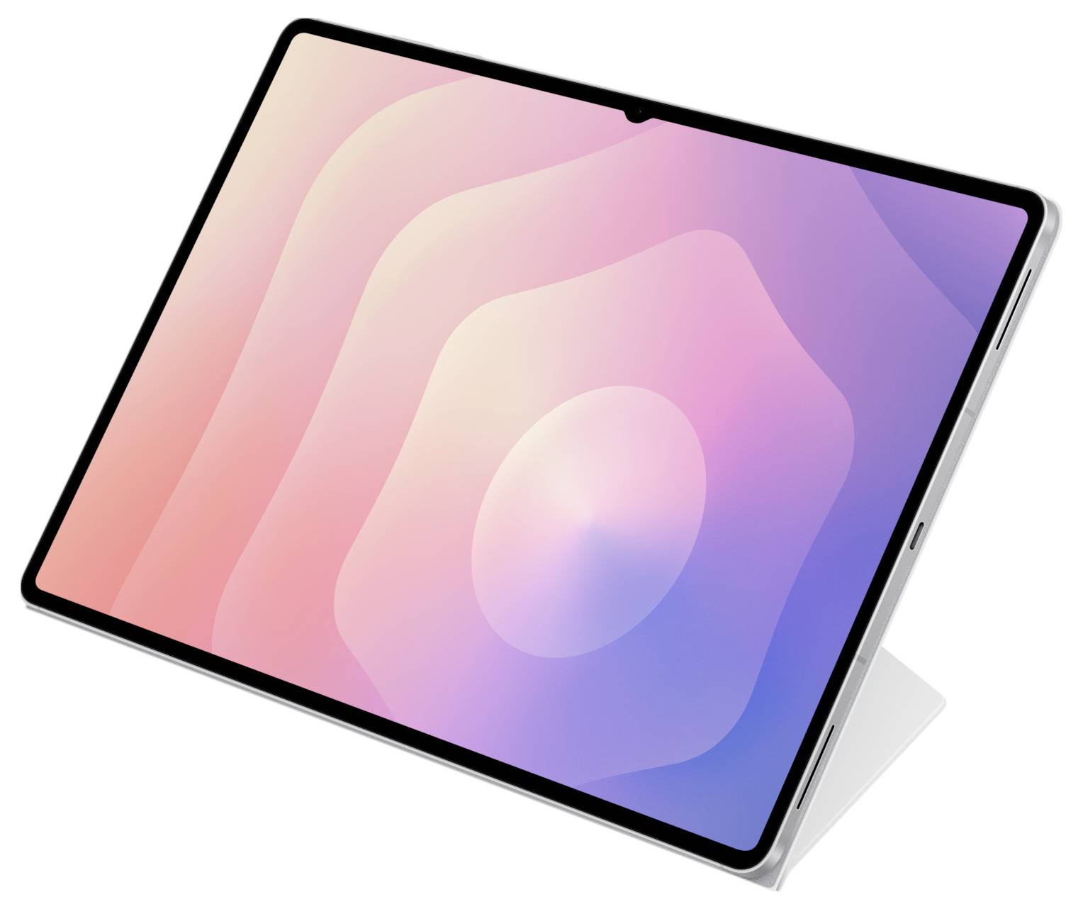 Štíhlý, moderní tablet s obrazovkou v růžovo-fialovém gradientu, umístěný na bílém stojanu, který naznačuje funkčnost a styl.