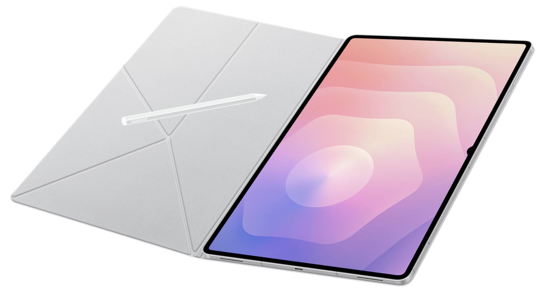 Elegantní tablet s digitálním perem odpočívá na geometricky strukturovaném obalu. Obrazovka tabletu zobrazuje barevný abstraktní gradient.