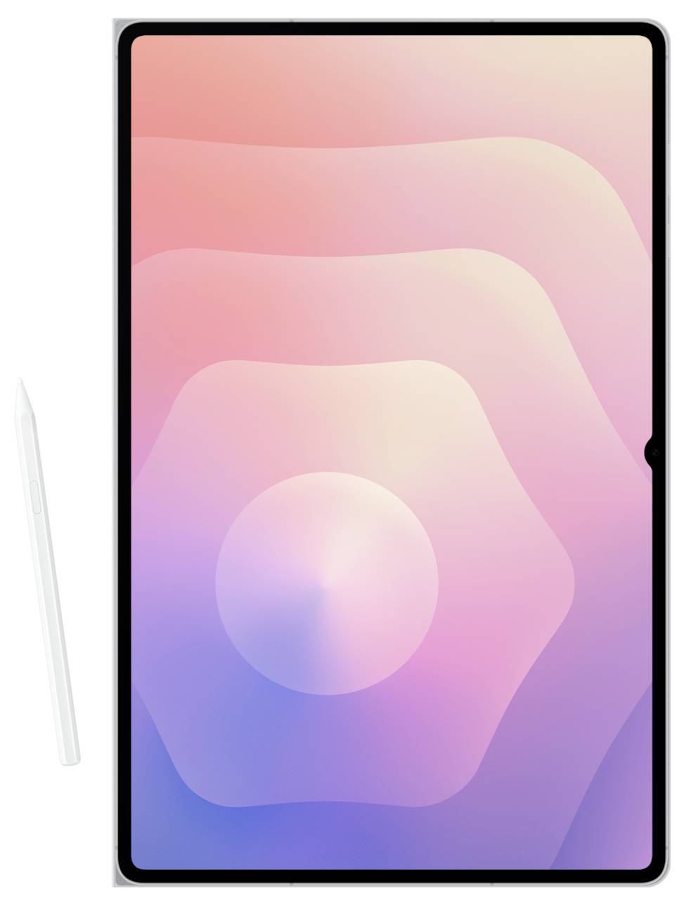 Tablet se stylusem, zobrazující gradientní design v odstínech růžové a fialové. Elegantní zařízení má tenké rámečky a moderní vzhled.
