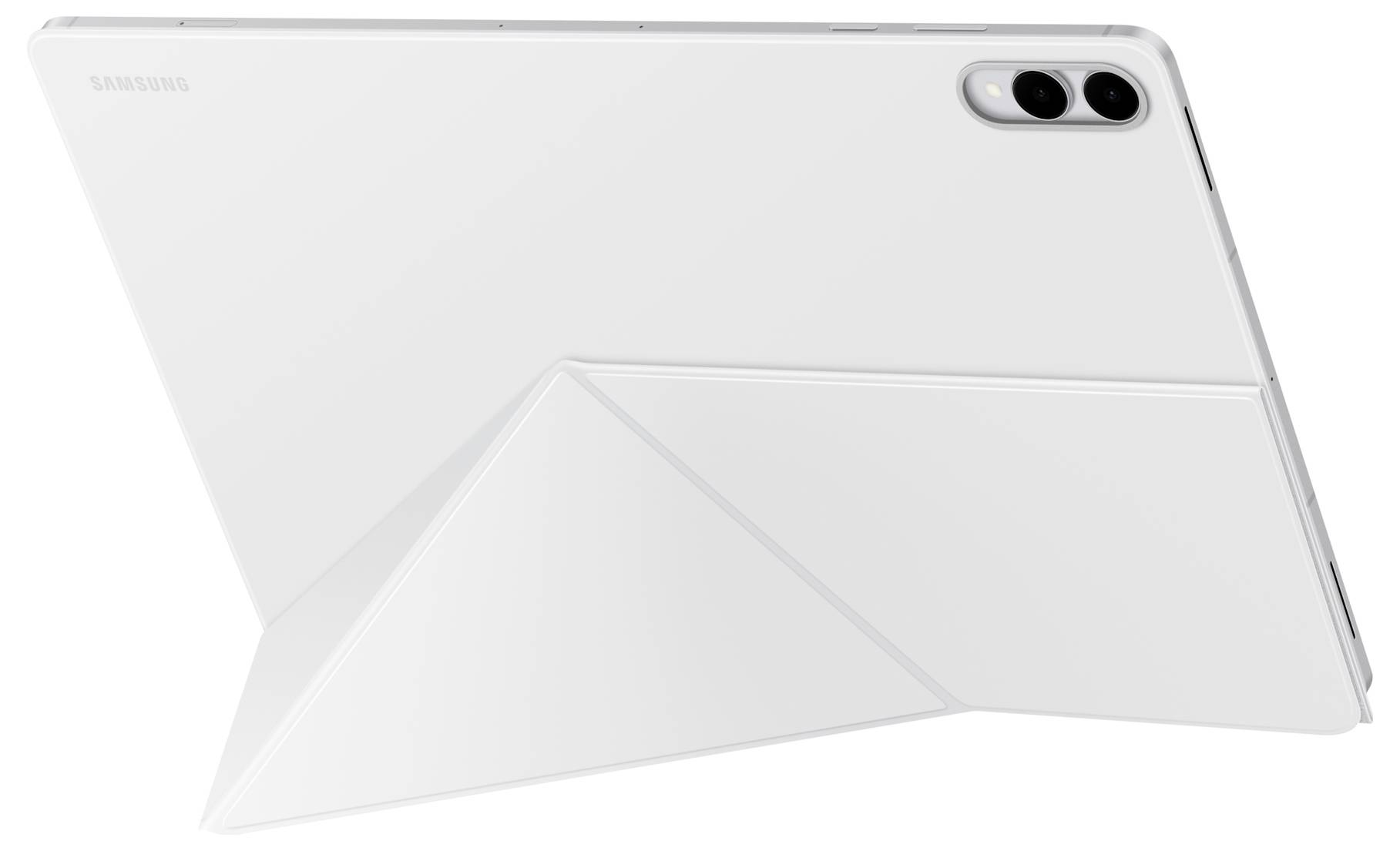 Pohled zezadu na bílý tablet se dvěma kamerami, podpořený trojúhelníkovým stojanem, umístěný pod úhlem pro pohodlné používání.