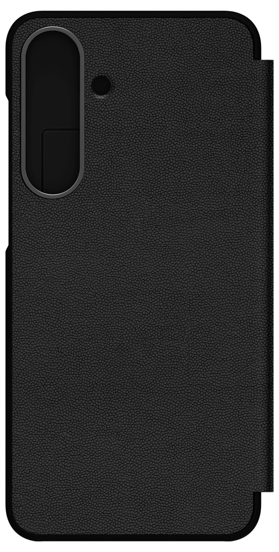 Černý texturovaný obal na smartphone s otvorem pro fotoaparát a blesk, poskytující úplné krytí a ochranu.