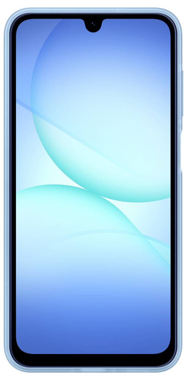 Chytrý telefon s lehce modrým pouzdrem, zobrazující abstraktní kruhový design v modré barvě na displeji.