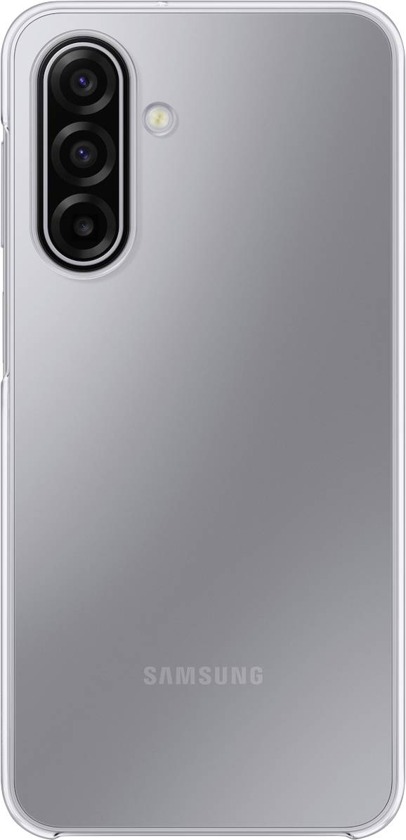 Stříbrný smartphone s trojitým fotoaparátem a bleskem na zadní straně, na spodní straně s logem Samsung.