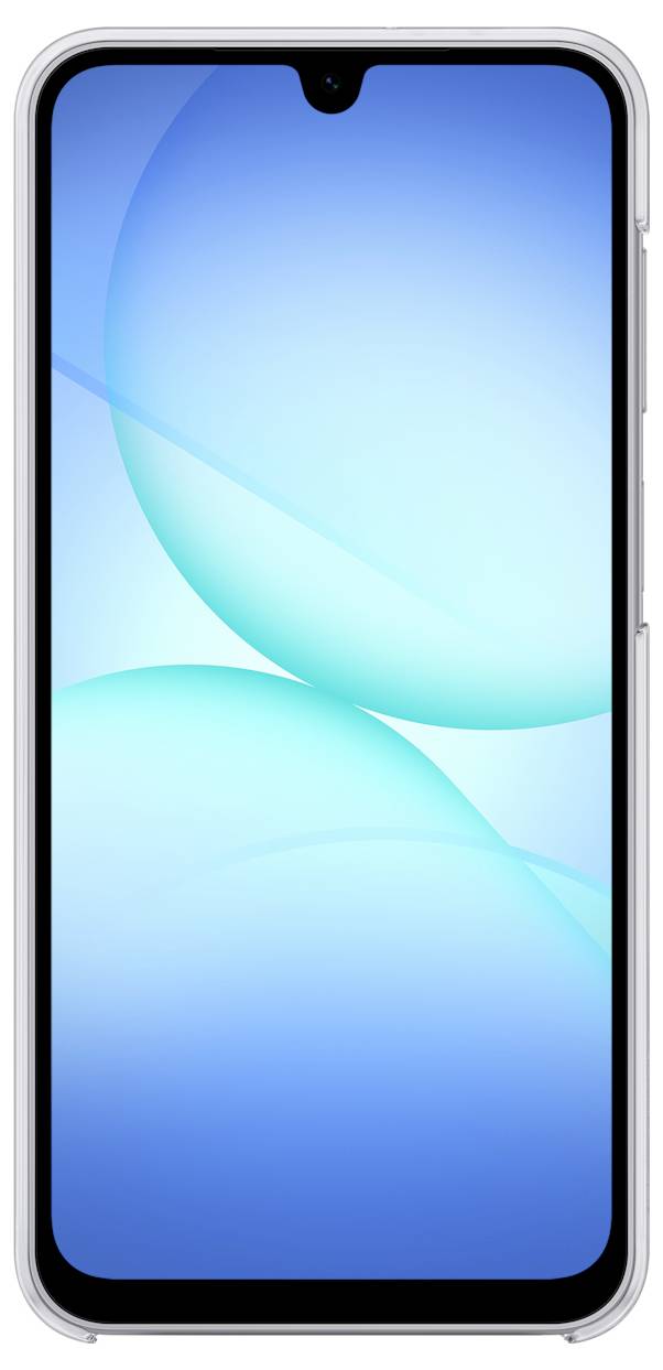 Smartphone s modrou abstraktní tapetou na displeji, který má výřez ve stylu kapky vody uprostřed horní hrany.