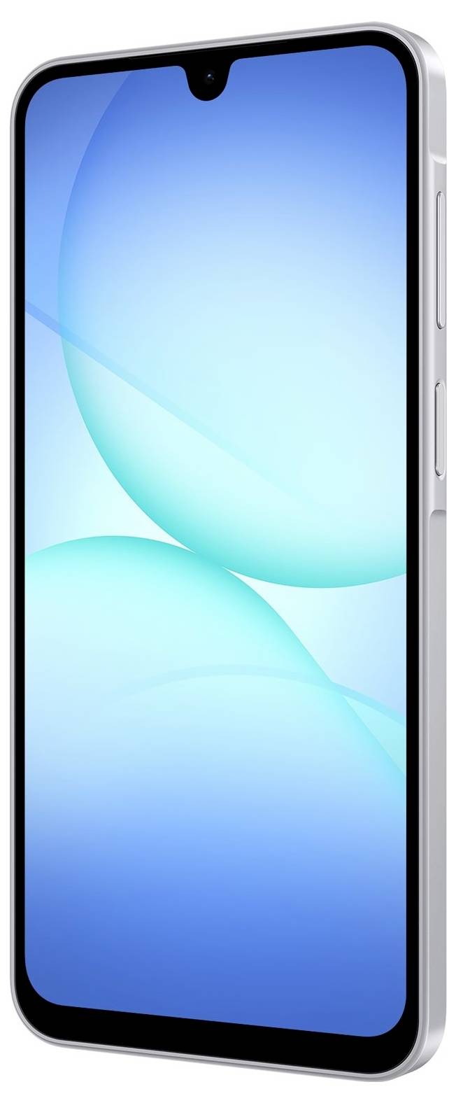 Stříbrný smartphone zobrazující modré abstraktní designové rozhraní na obrazovce.