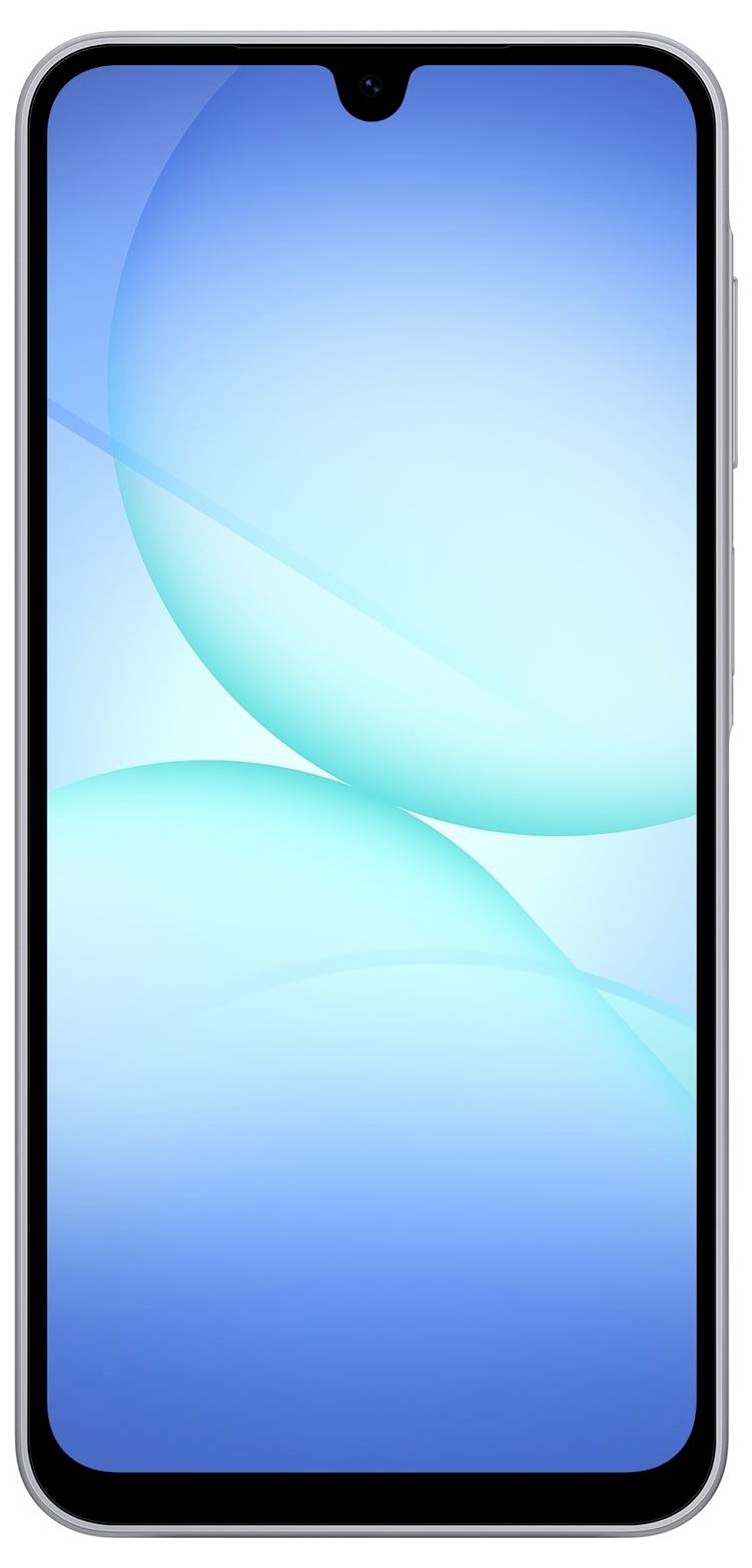 Pohled zepředu na smartphone s velkým, zářícím modrým displejem. Telefon má malý výřez v horní části obsahující přední kameru.