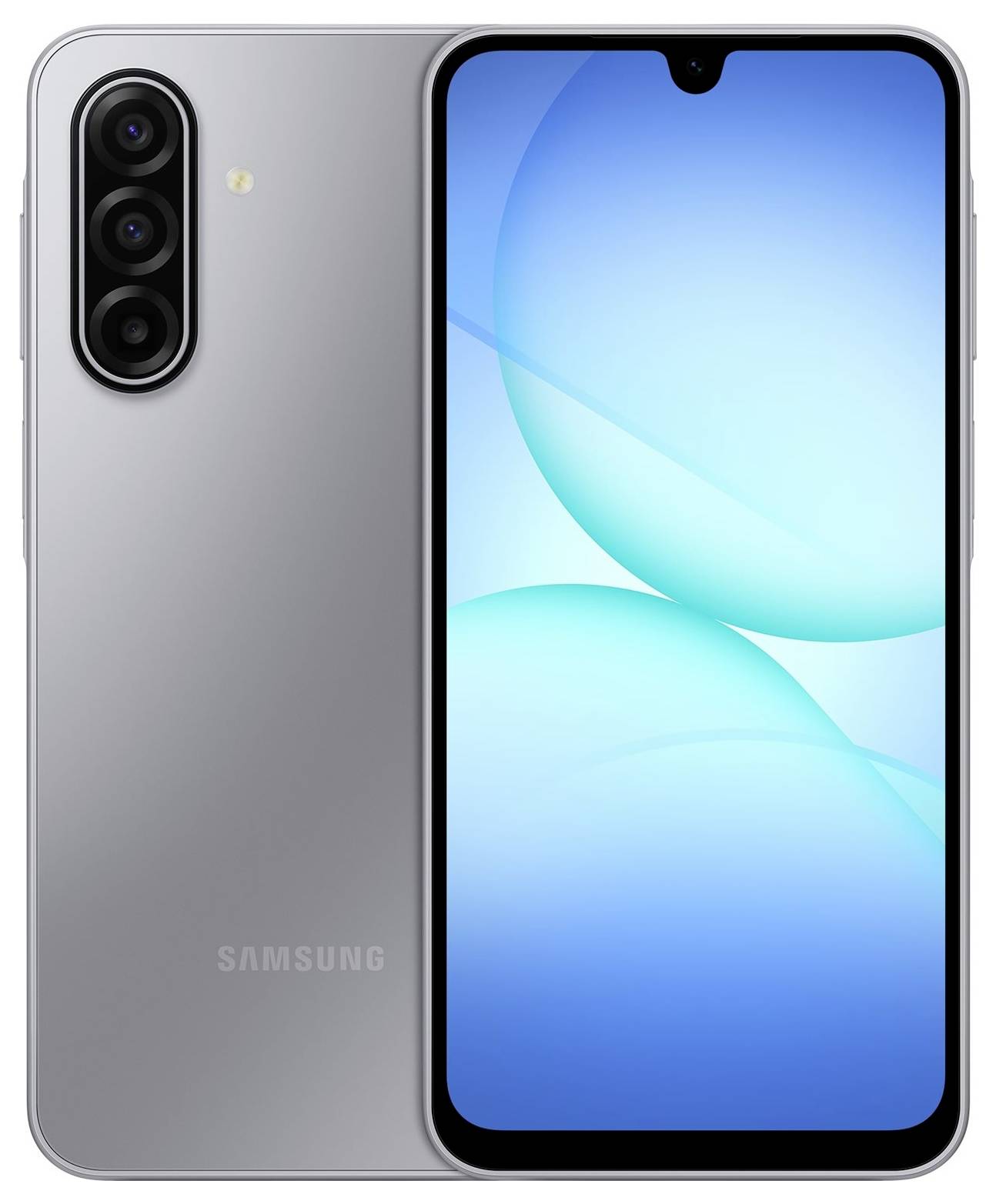 Stříbrný smartphone se třemi zadními fotoaparáty, elegantním designem a jasným displejem zobrazujícím abstraktní modré bubliny.