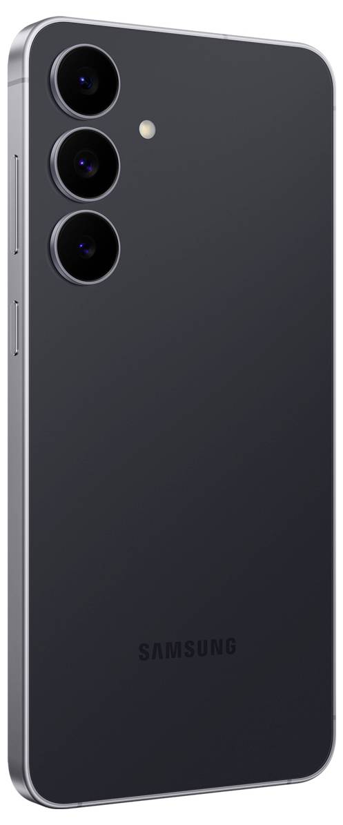 Smartphone s elegantním černým designem, prezentující tři zadní fotoaparáty a malý blesk, umístěný na bílém pozadí.