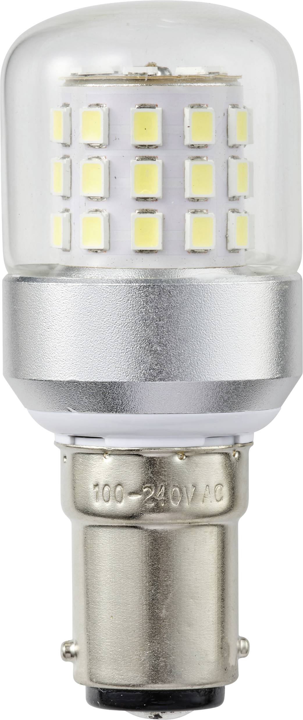 LED žárovka válcovitého tvaru se stříbrnou základnou a průhledným horním krytem, který odhaluje několik malých žlutých LED světel.