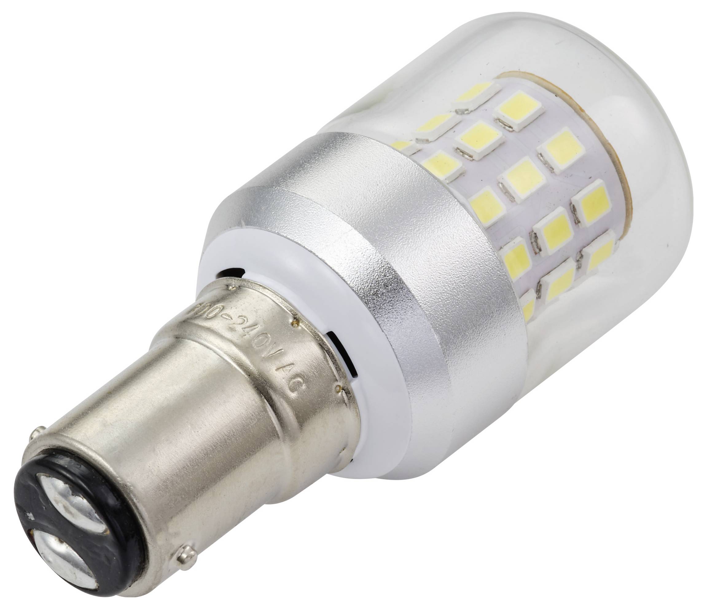 LED žárovka s kovovým základem a průhledným víkem zobrazující několik malých světelných diod uspořádaných v mřížkovém vzoru.