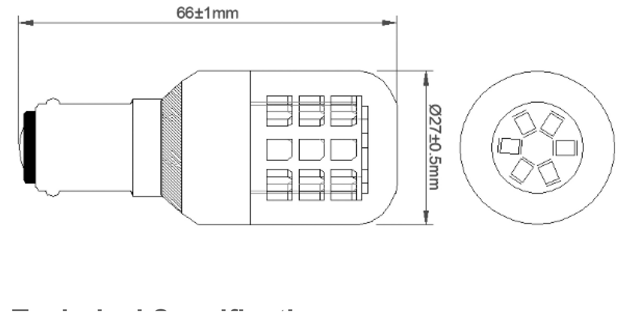 Technický výkres LED žárovky s rozměry: délka 66±1 mm a průměr Ø27±0,5 mm. Zobrazen boční a horní pohled.