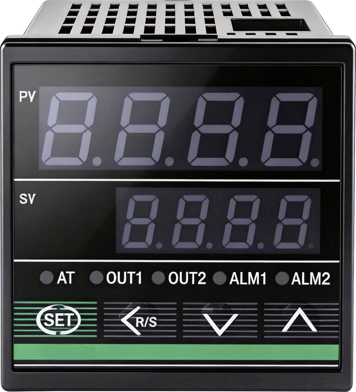Digitální ovládací panel zobrazuje dvě řady čísel, '0.0.0.0' v obou. Níže jsou tlačítka označená 'SET', 'R/S' a symboly pro navigaci.