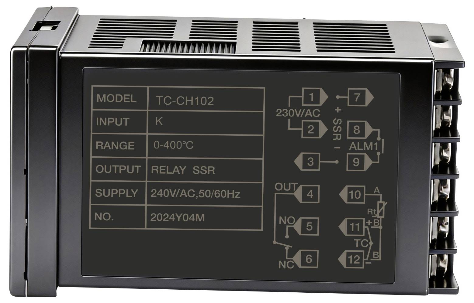 Digitální regulátor teploty zobrazující model TC-CH102, typ vstupu K, rozsah 0-400°C, výstupní relé SSR, napájení 240V AC, 50/60Hz.
