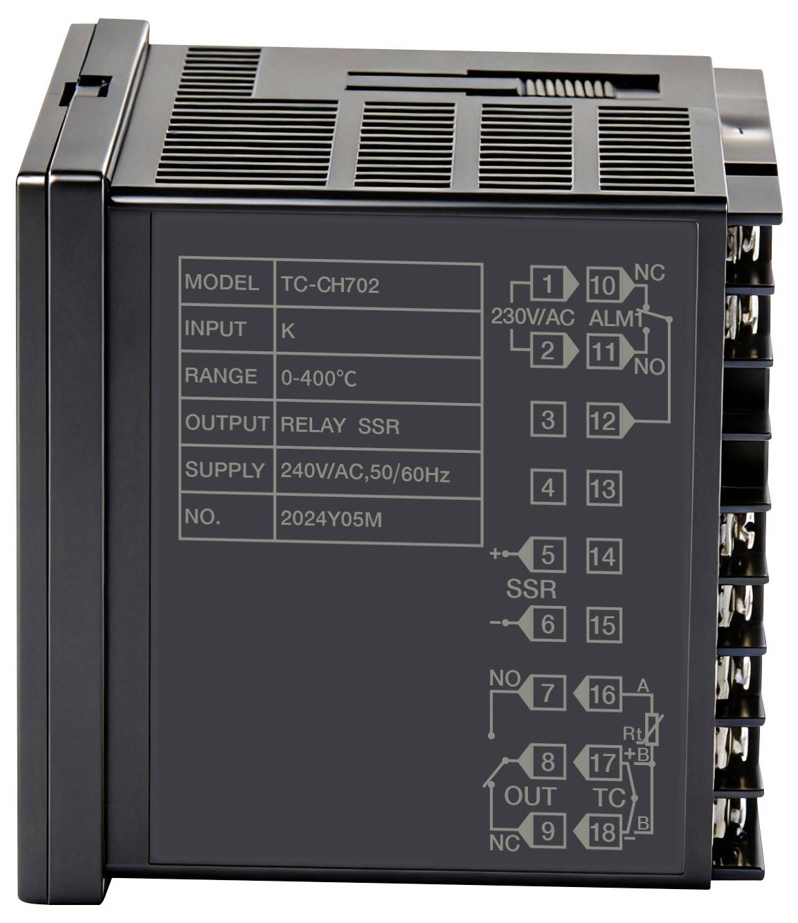 Průmyslový regulátor teploty, model TC-CH702. Vstup: K, Rozsah: 0-400°C, Výstup: Relé SSR. Napájení: 240V/AC, 50/60Hz.