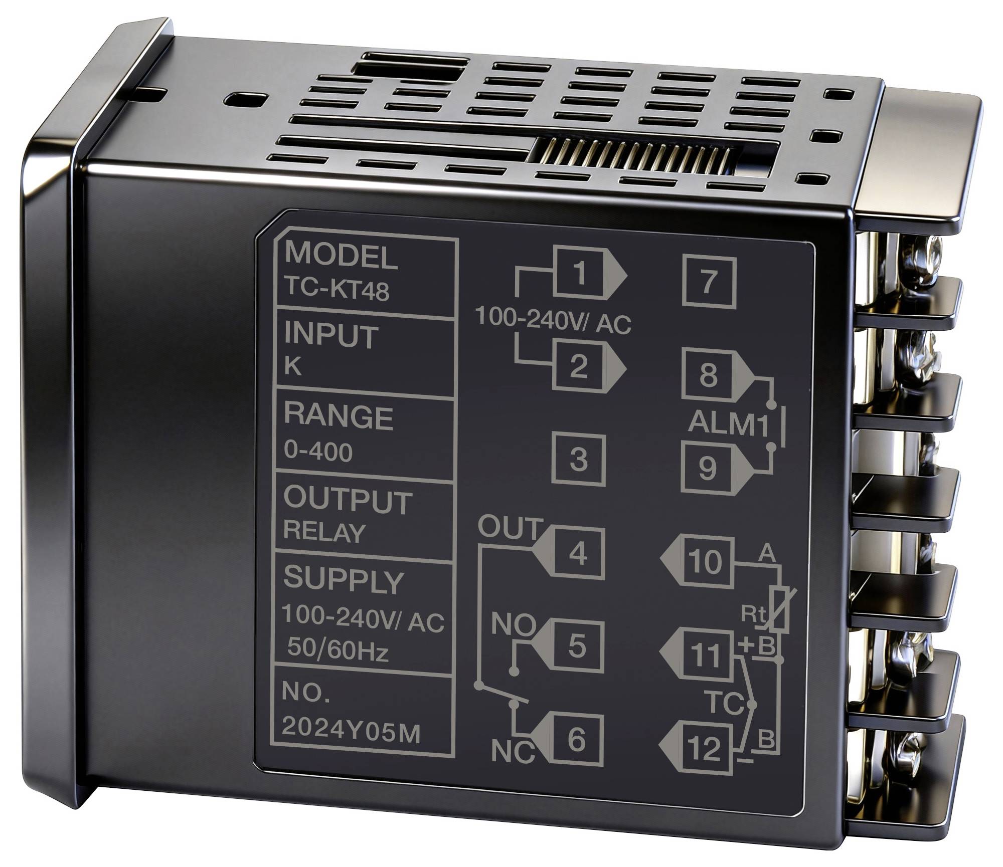 Digitální regulátor teploty s číslem modelu TC-KT48, s typem vstupu K, rozsahem 0-400, napájením 100-240V AC a relé výstupy.