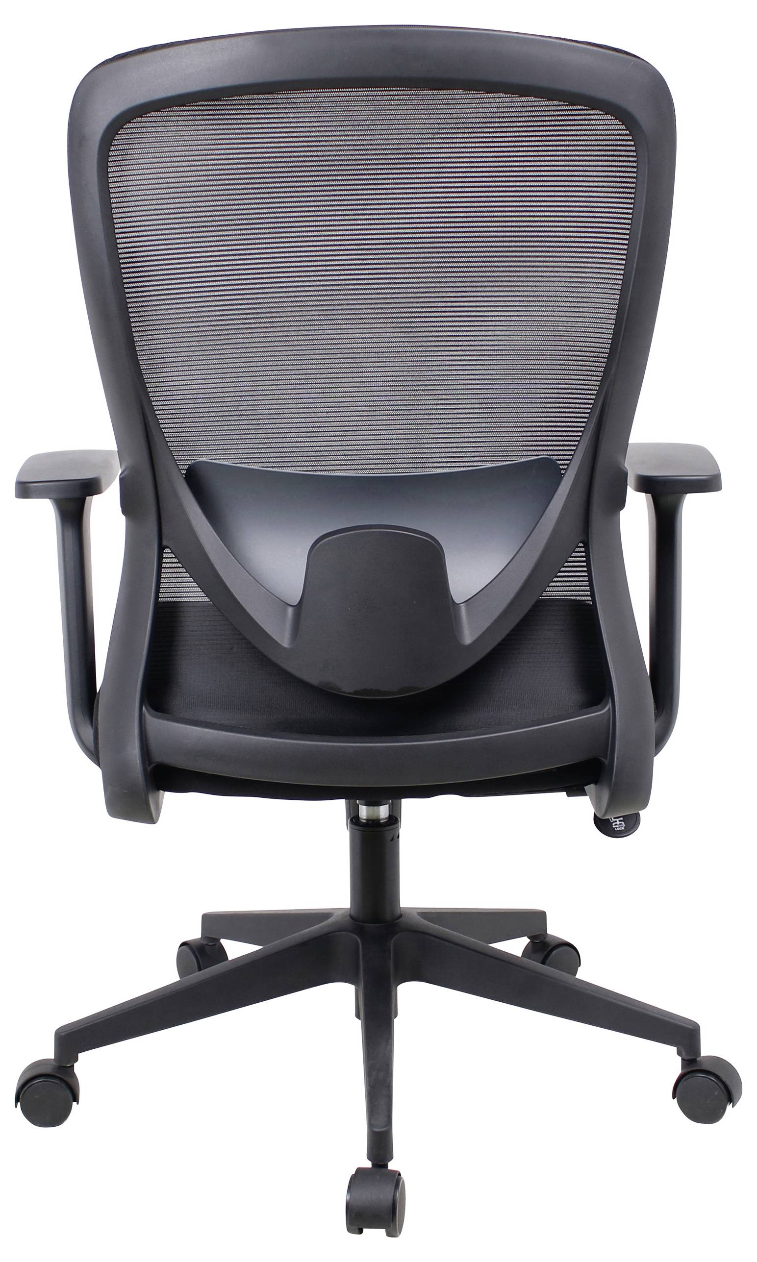 Ergonomická černá kancelářská židle se síťovaným opěradlem, nastavitelnými područkami a pětikolkou, navržená pro pohodlí a podporu.
