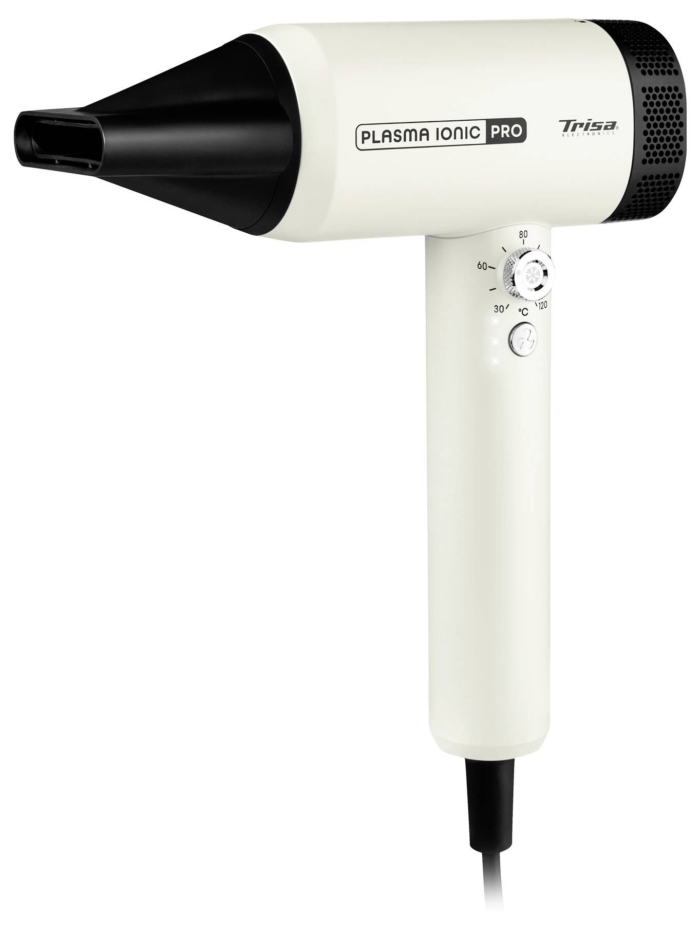 Bílý fén označený nápisem 'Plasma Ionic Pro' s několika nastaveními teploty na ovládacím panelu, vybavený černou tryskou.
