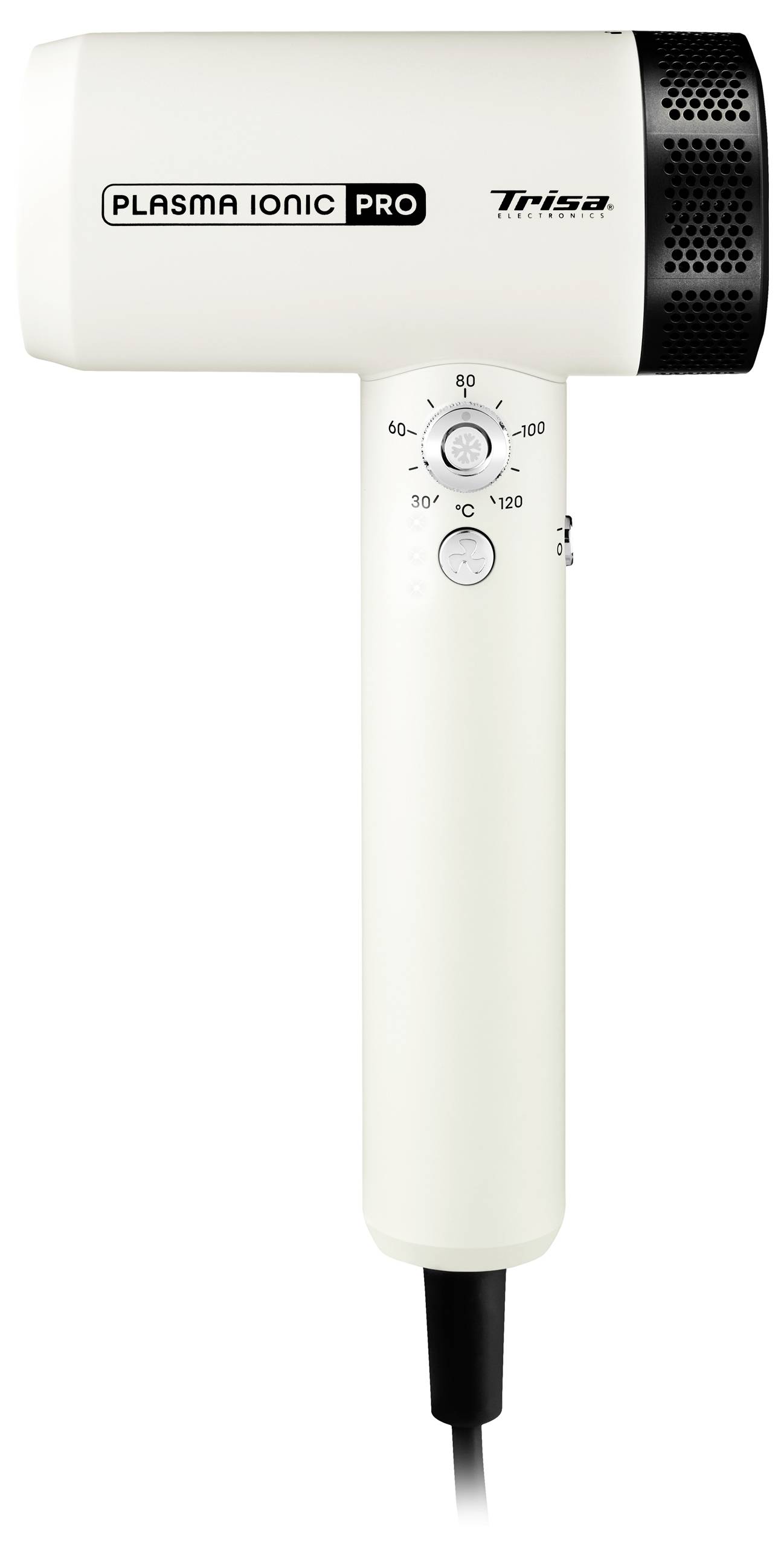 Bílý fén s nápisem "Plasma Ionic Pro" s ovládáním teploty a rychlosti, vybavený černým větracím otvorem na zadní straně.