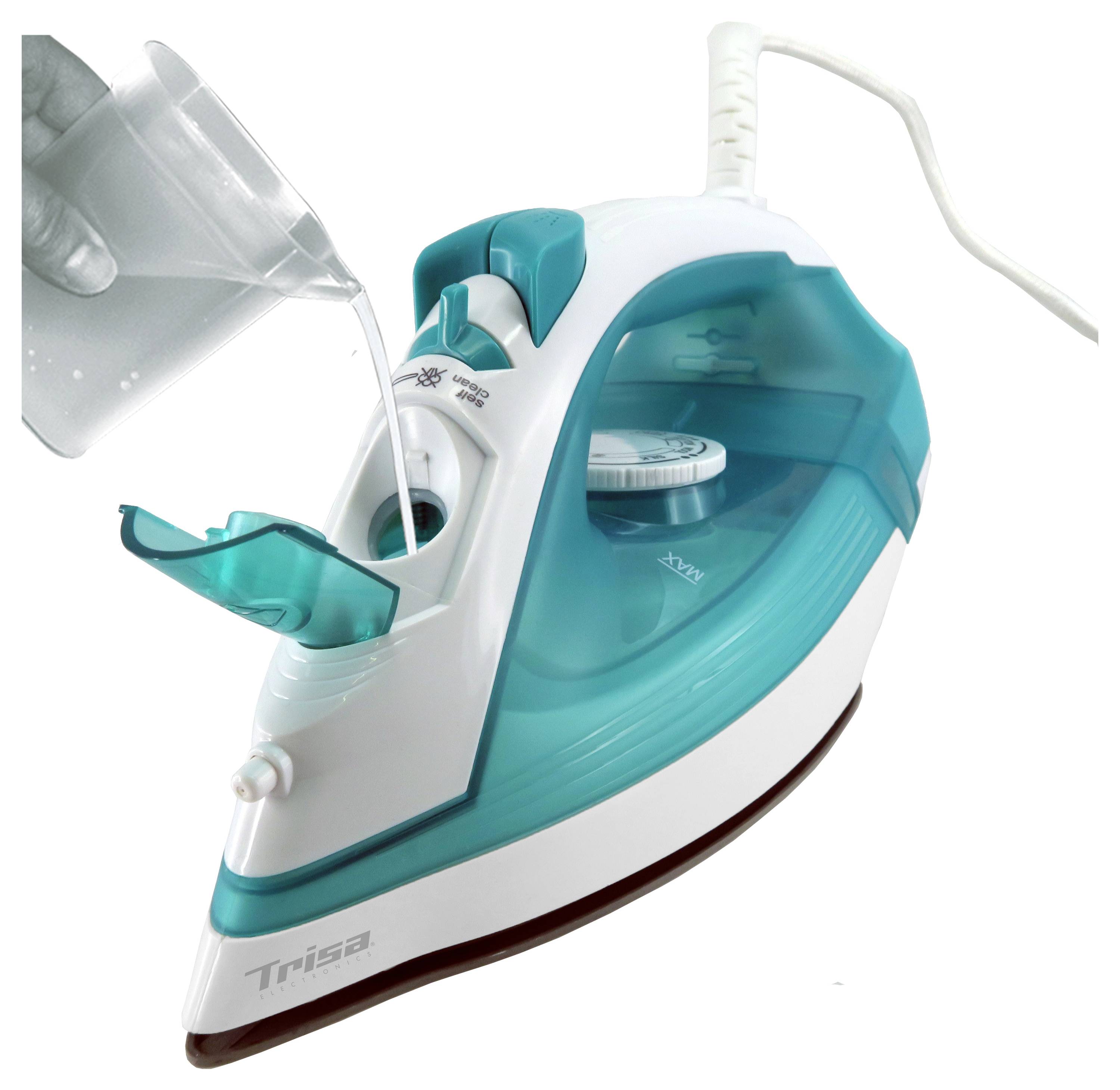 Osoba nalévá vodu do petrolejově modré a bílé elektrické parní žehličky, přičemž zdůrazňuje její funkci plnění vodou pro žehlení oděvů.