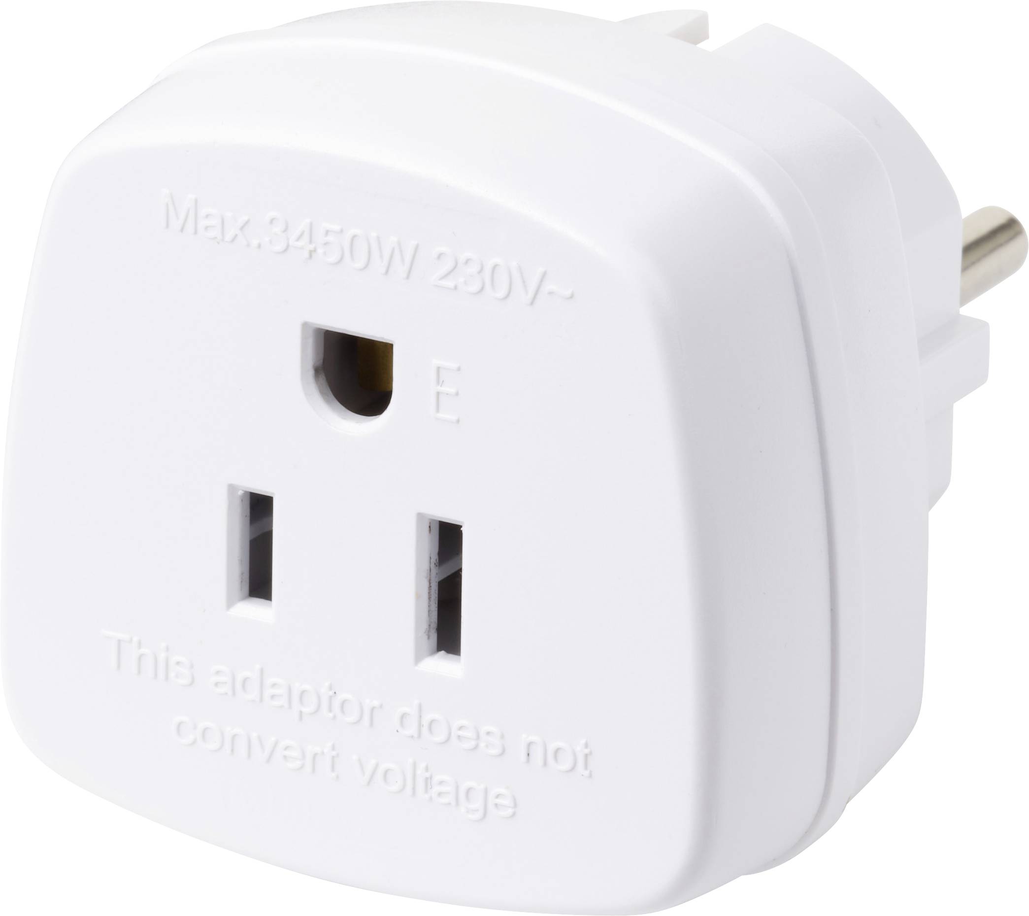 Bílý elektrický adaptér se dvěma svislými kolíky a uzemňovacím otvorem, označený nápisem „Max 3450W 230V". Poznámka: „Tento adaptér nepřevádí napětí".