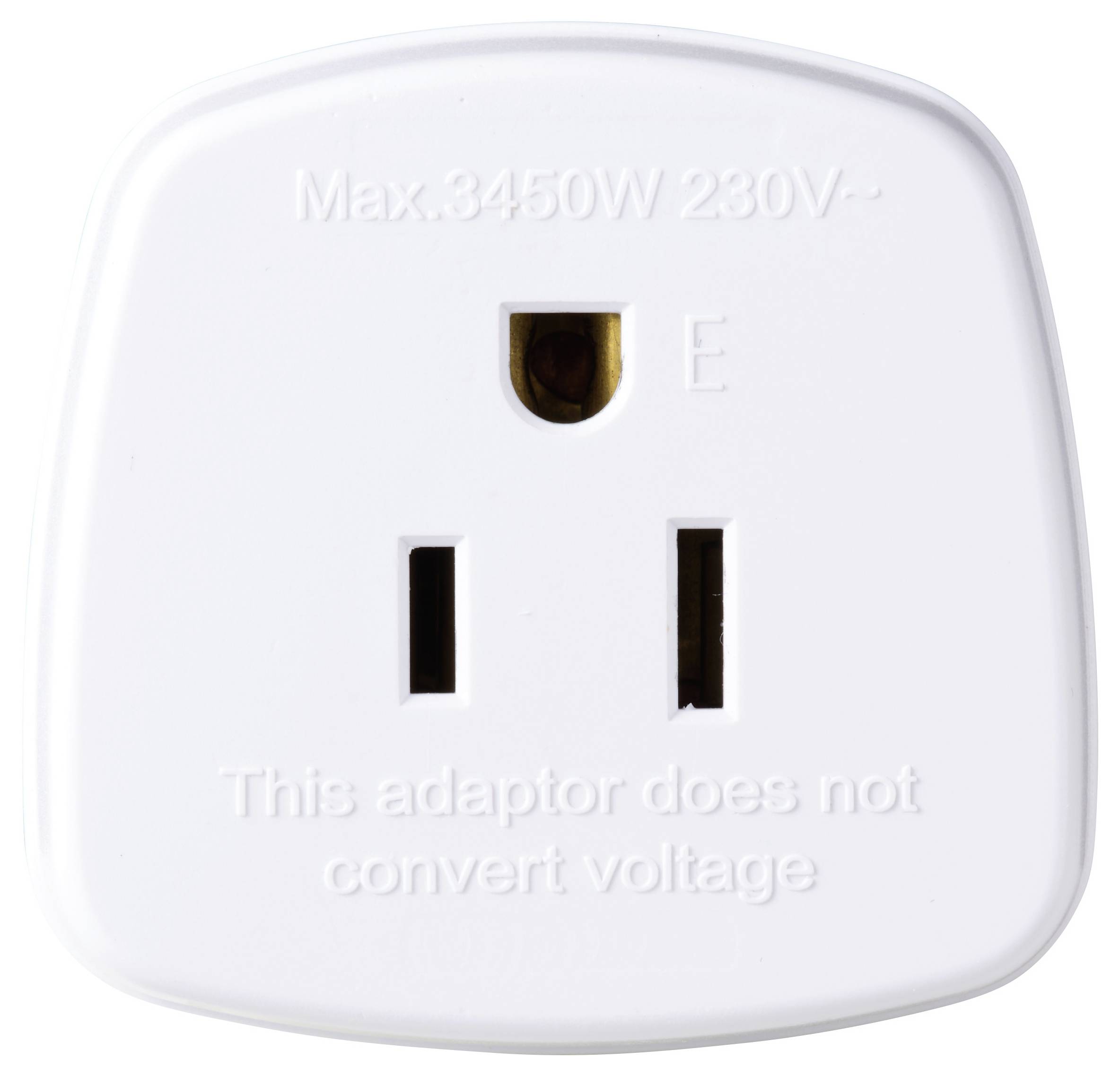 Bílý napájecí adaptér s označením 'Max. 3450W 230V', 'E', a 'Tento adaptér nepřevádí napětí'.