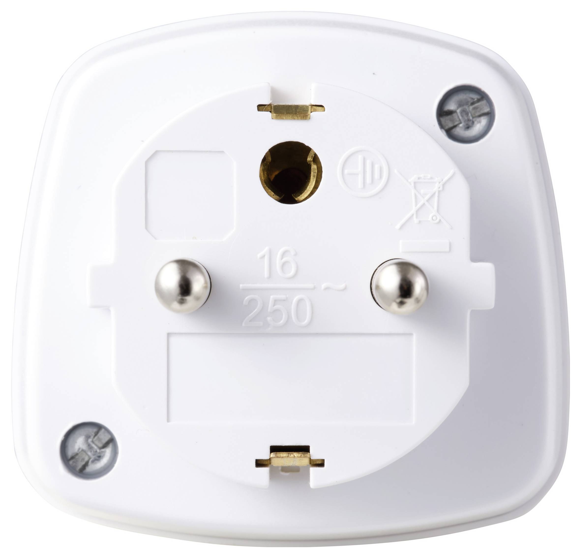 Detailní záběr bílého elektrického adaptéru se dvěma kovovými kolíky, označený '16 250~', určený pro evropské zásuvky.