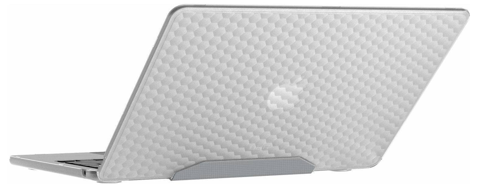 Šedý notebook s texturovaným geometrickým vzorem na zadní straně krytu, otevřený a pohledový ze zadní strany, ukazující částečný boční pohled.
