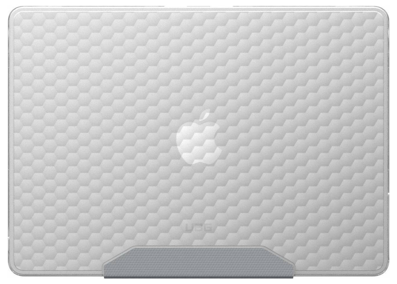Šedý obal na notebook s šestiúhelníkovým vzorem zakrývá zadní stranu otevřeného počítače. Logo Apple je viditelné uprostřed.