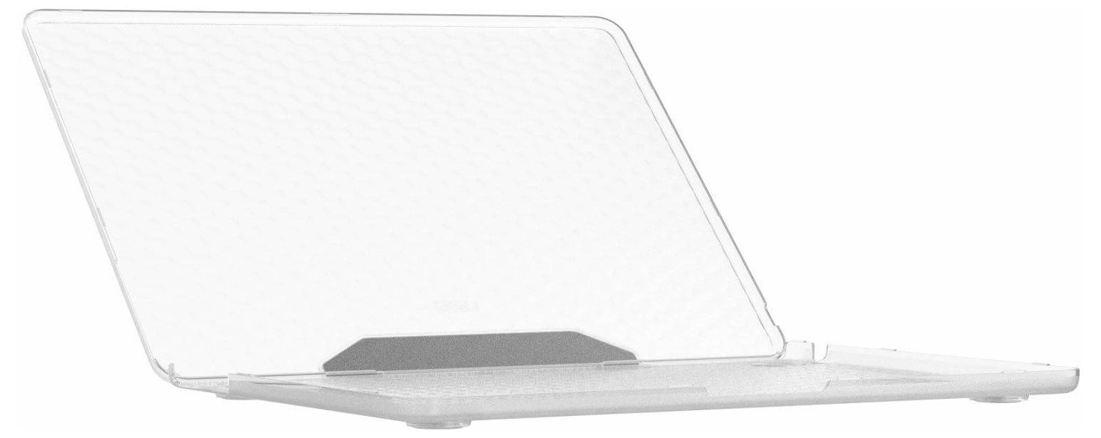 Částečně otevřený průhledný obal na notebook zobrazující klávesnici, umístěný na rovném povrchu.