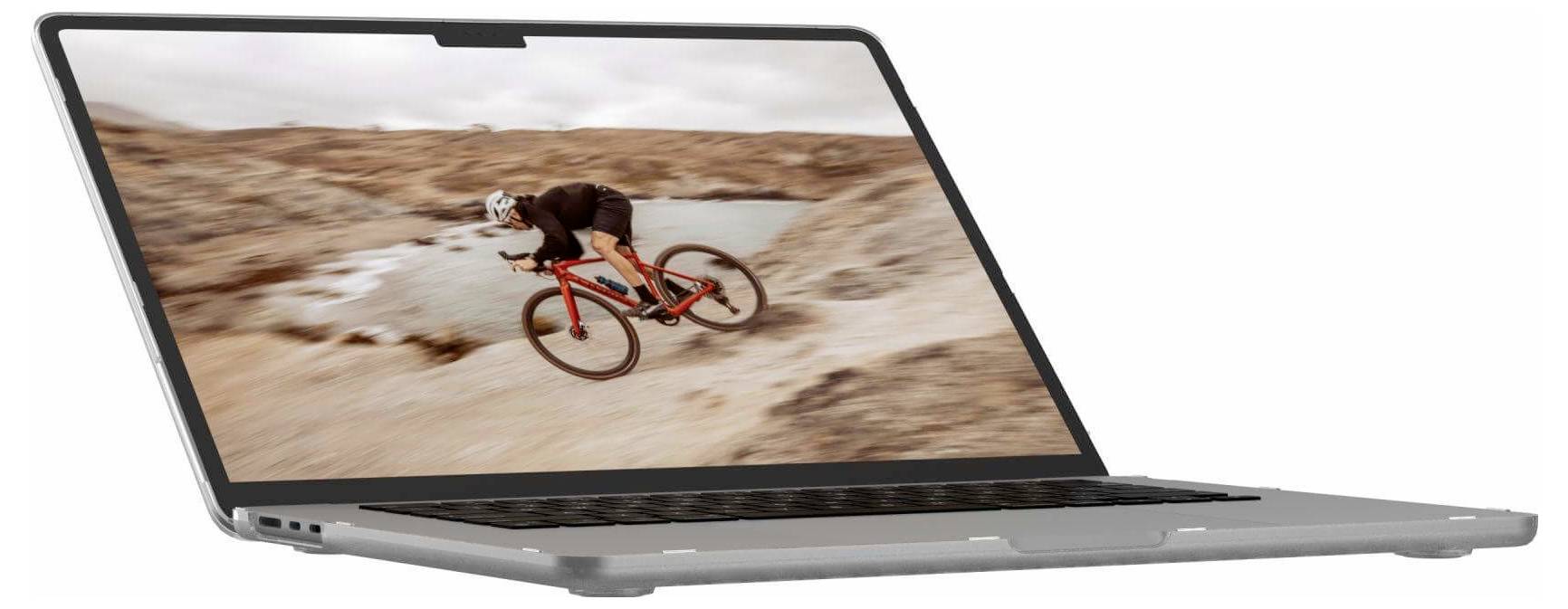 Tenký notebook s otevřeným displejem zobrazuje obraz cyklisty v krajině, který zdůrazňuje vysokou kvalitu rozlišení obrazovky.