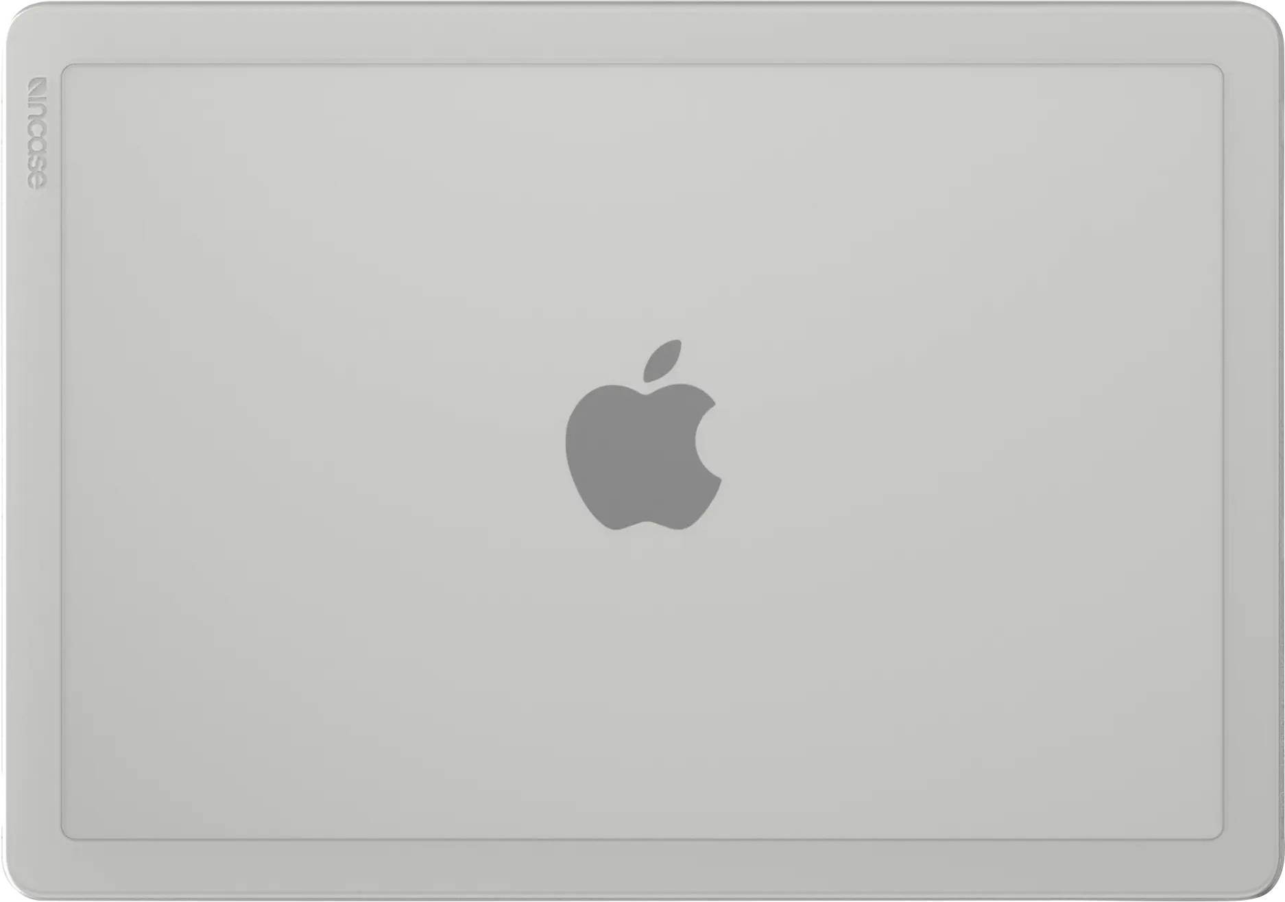 Zavřený notebook pohledem shora, s šedým logem Apple uprostřed na stříbrném pozadí, s minimalistickým designem.