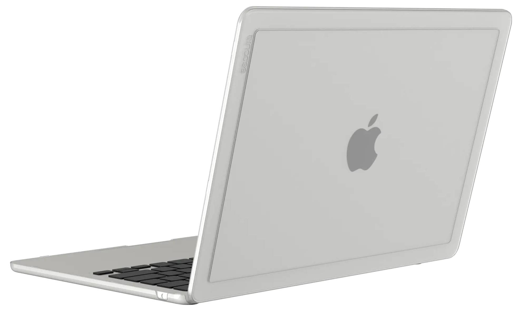 Otevřený stříbrný notebook s výrazným logem Apple na zadní straně, pohled z mírného úhlu, zobrazující obrazovku a klávesnici.