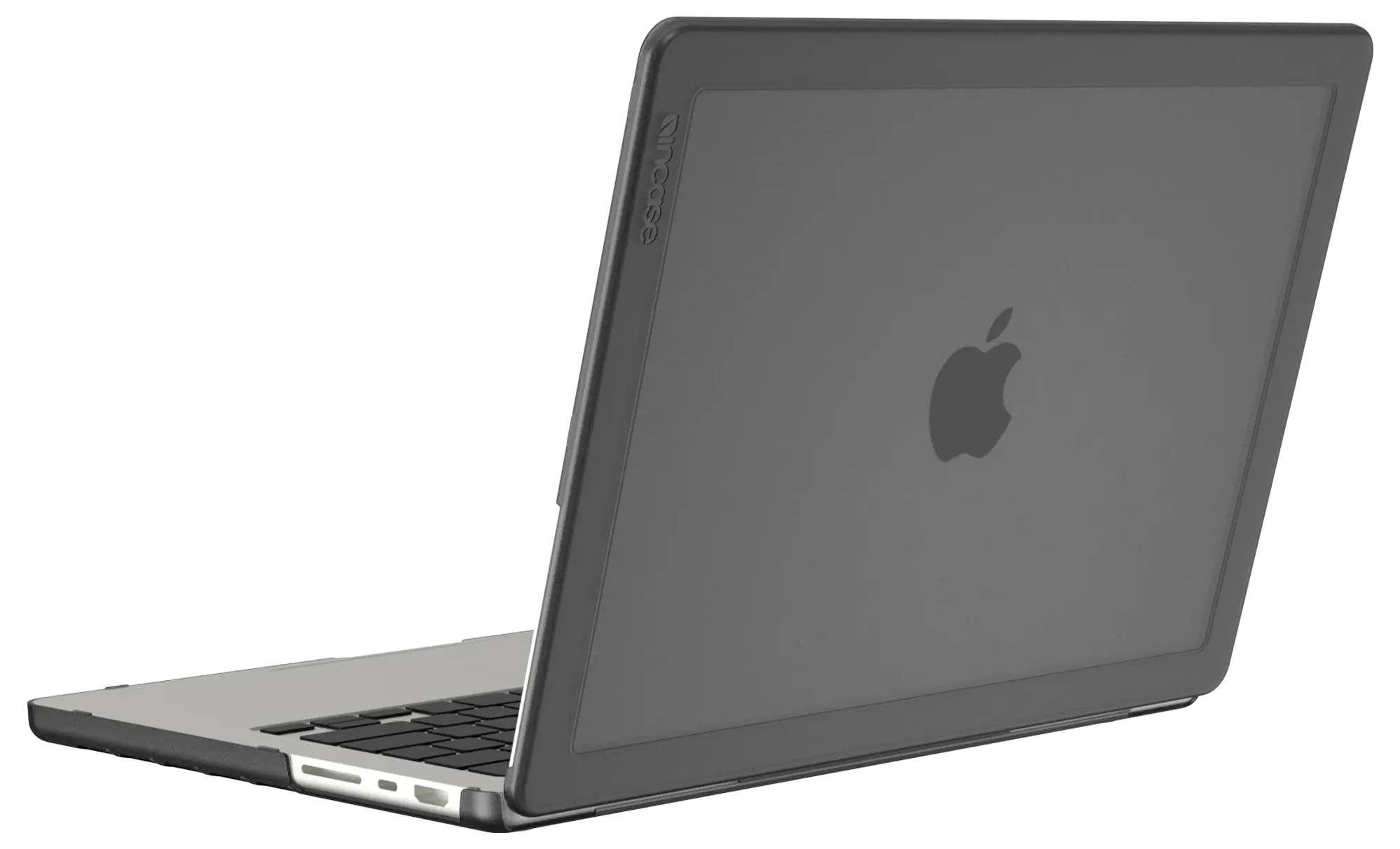 Částečně otevřený laptop s tmavým ochranným pouzdrem je zobrazen, přičemž je zvýrazněno logo Apple na zadní straně. Zařízení je nakloněno doleva.