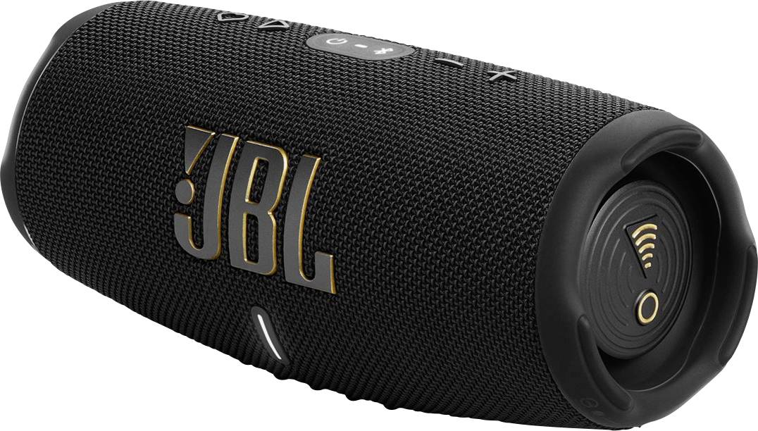 Černý přenosný bezdrátový reproduktor s logem 'JBL' v oranžové barvě. Reproduktor má ovládací tlačítka na horní straně a texturovaný povrch.