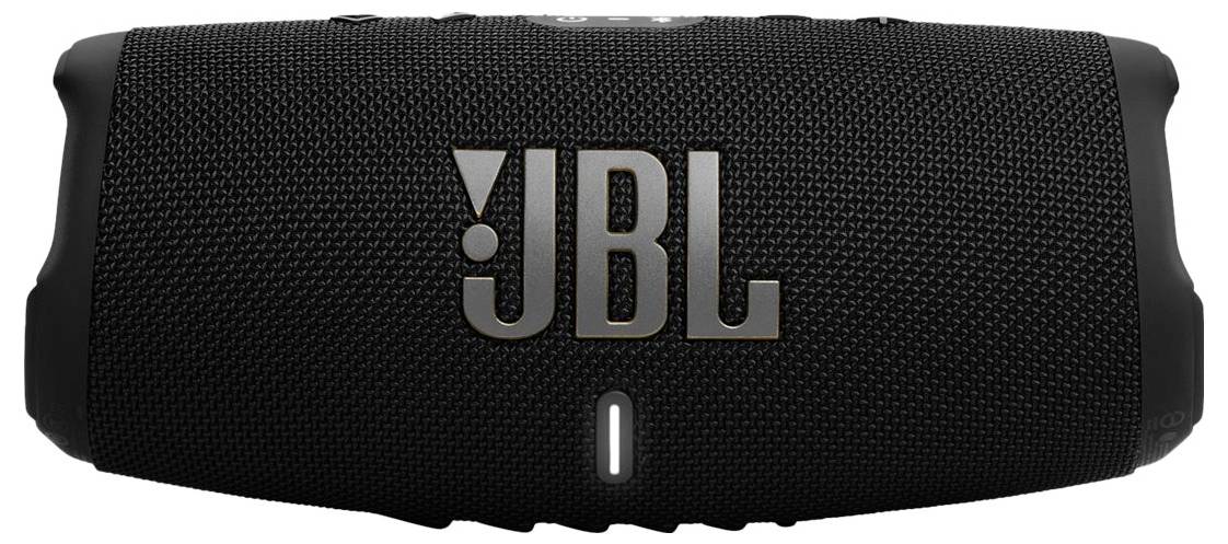 Černý přenosný Bluetooth reproduktor JBL s vnější vrstvou z mřížkovité textilie a logem JBL výrazně zobrazeným na přední straně.