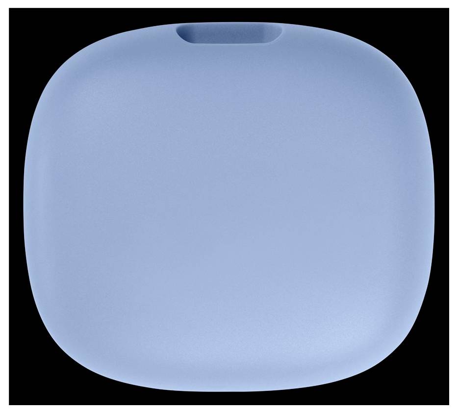 Zaoblený, hladký modrý předmět s malým otvorem nahoře.