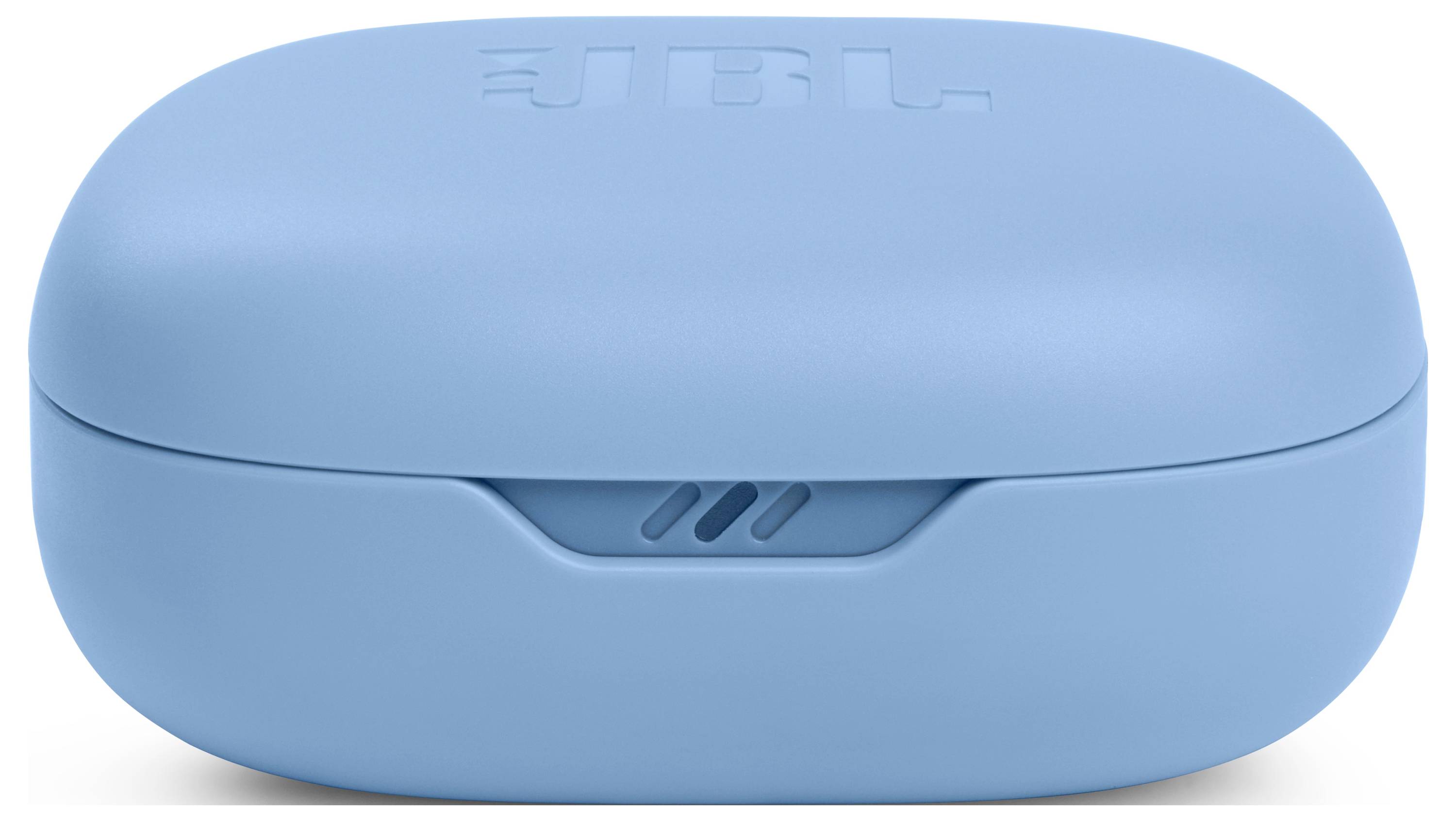 Modrý nabíjecí obal na sluchátka s logem JBL vytlačeným na horní straně.