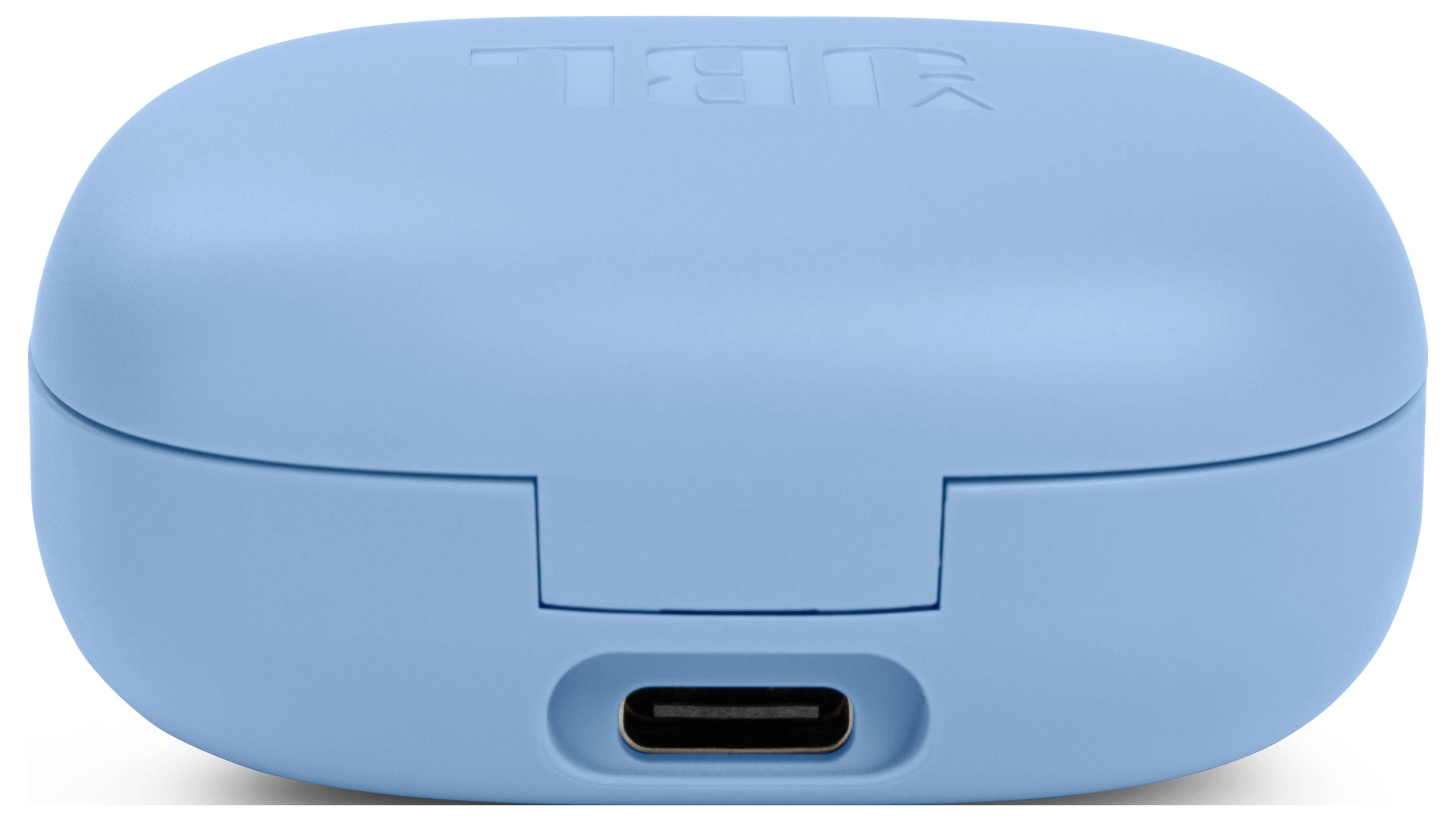 Světle modrý nabíjecí obal sluchátek s portem USB-C vpředu.