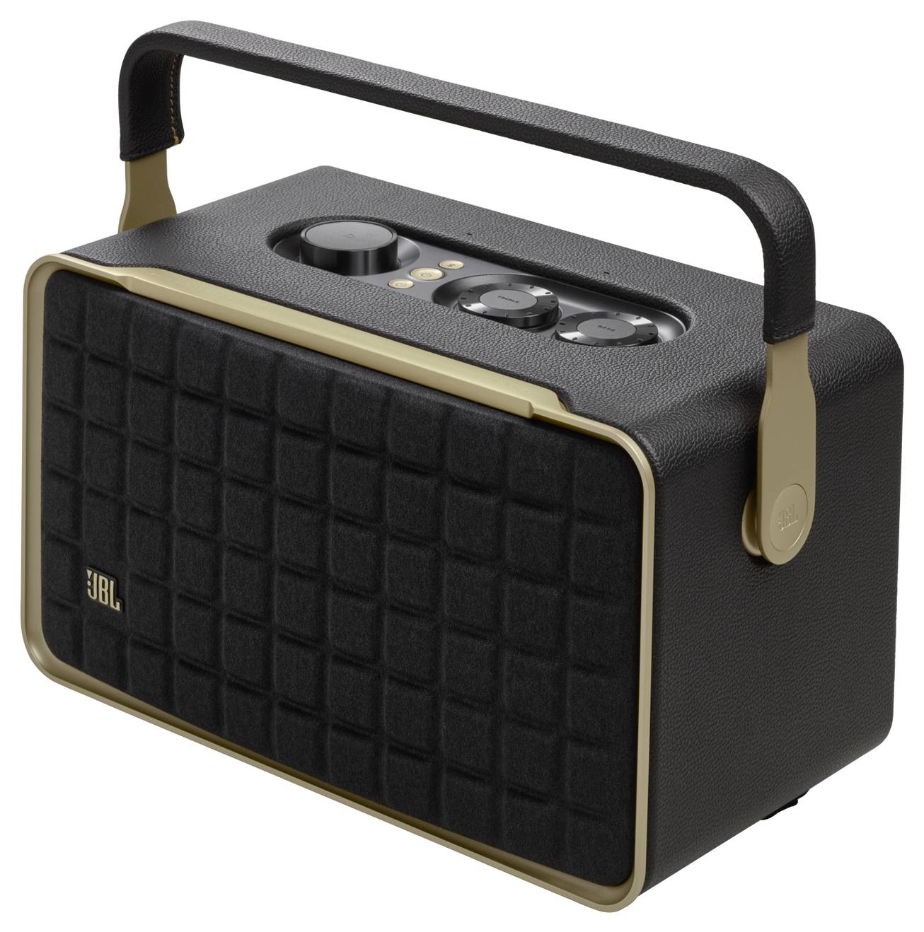 Vintage reproduktor JBL ve stylu přenosného Bluetooth reproduktoru s černou mřížkovou konstrukcí a zlatým lemováním, který je vybaven rukojetí a ovládacími prvky umístěnými na horní straně.