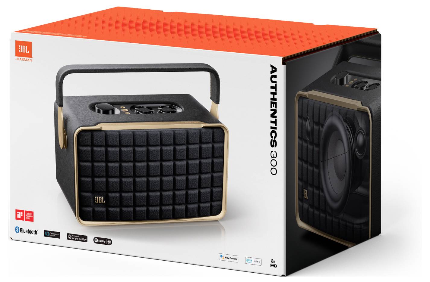 JBL Authentics 300 přenosný reproduktor v obalu, který představuje retro-inspirovaný design v černé a zlaté barvě s ikonami pro připojení Bluetooth.