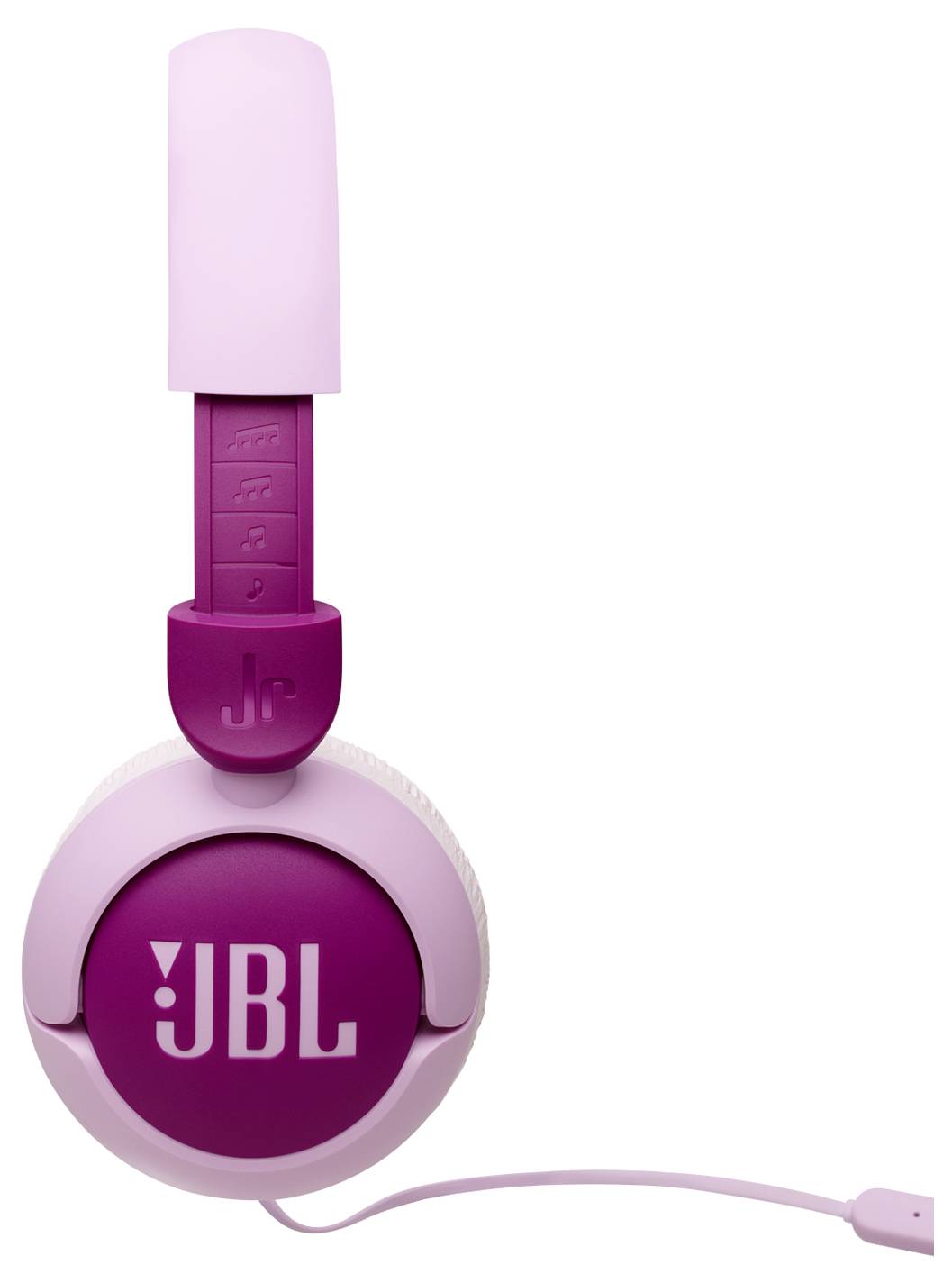 Růžové a fialové sluchátka JBL s nastavitelným hlavovým mostem a kabelem.