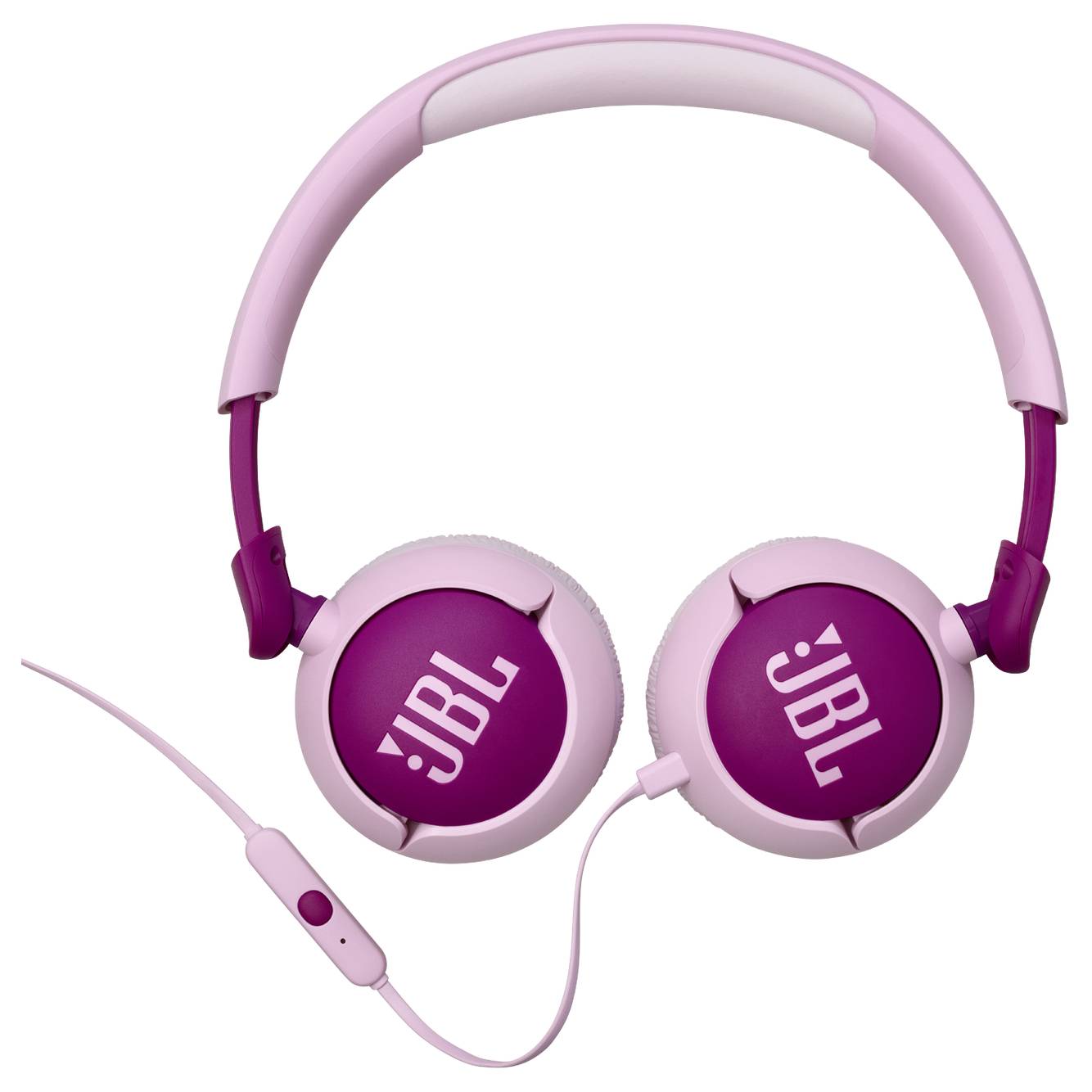 Růžové náušní sluchátka s logem 'JBL' na každém reproduktoru, vybavené mikrofonem zabudovaným v kabelu a ovládacím tlačítkem.